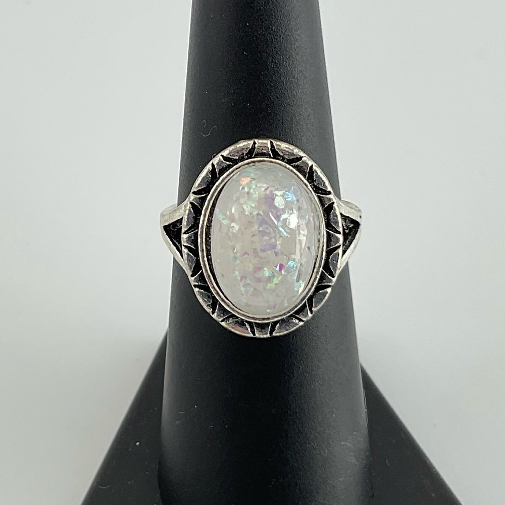 Faux Opal Ring, Size 6.25, Confetti Resin Opal, Lab Created, BoHo, Antiqued